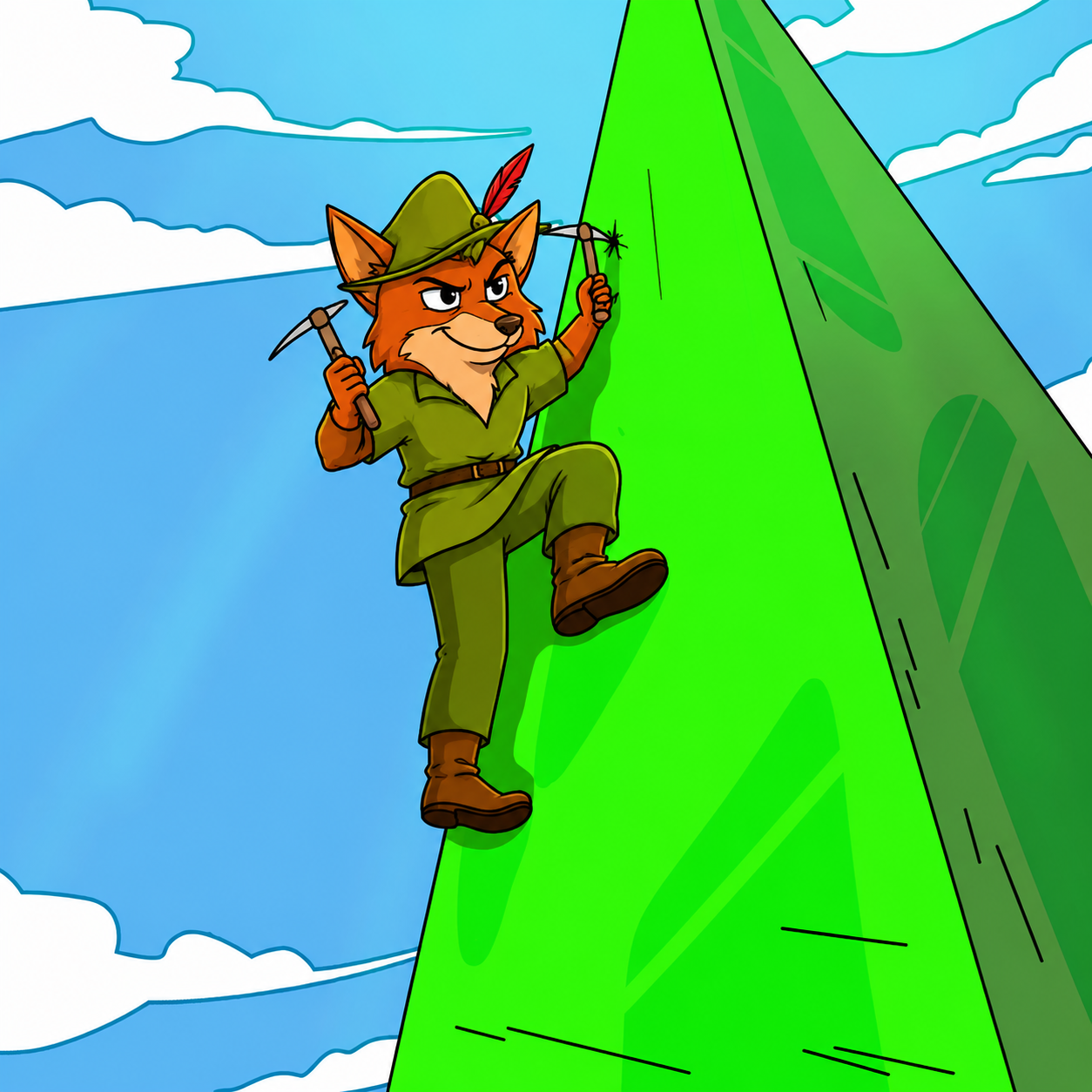 Robin Hood fox diving into a bank vault of coins