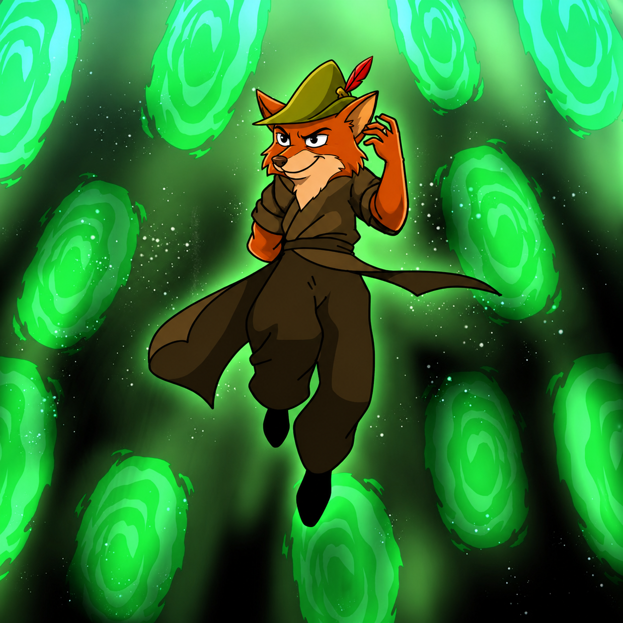 Robin Hood fox carrying a giant GM coffee cup uphill