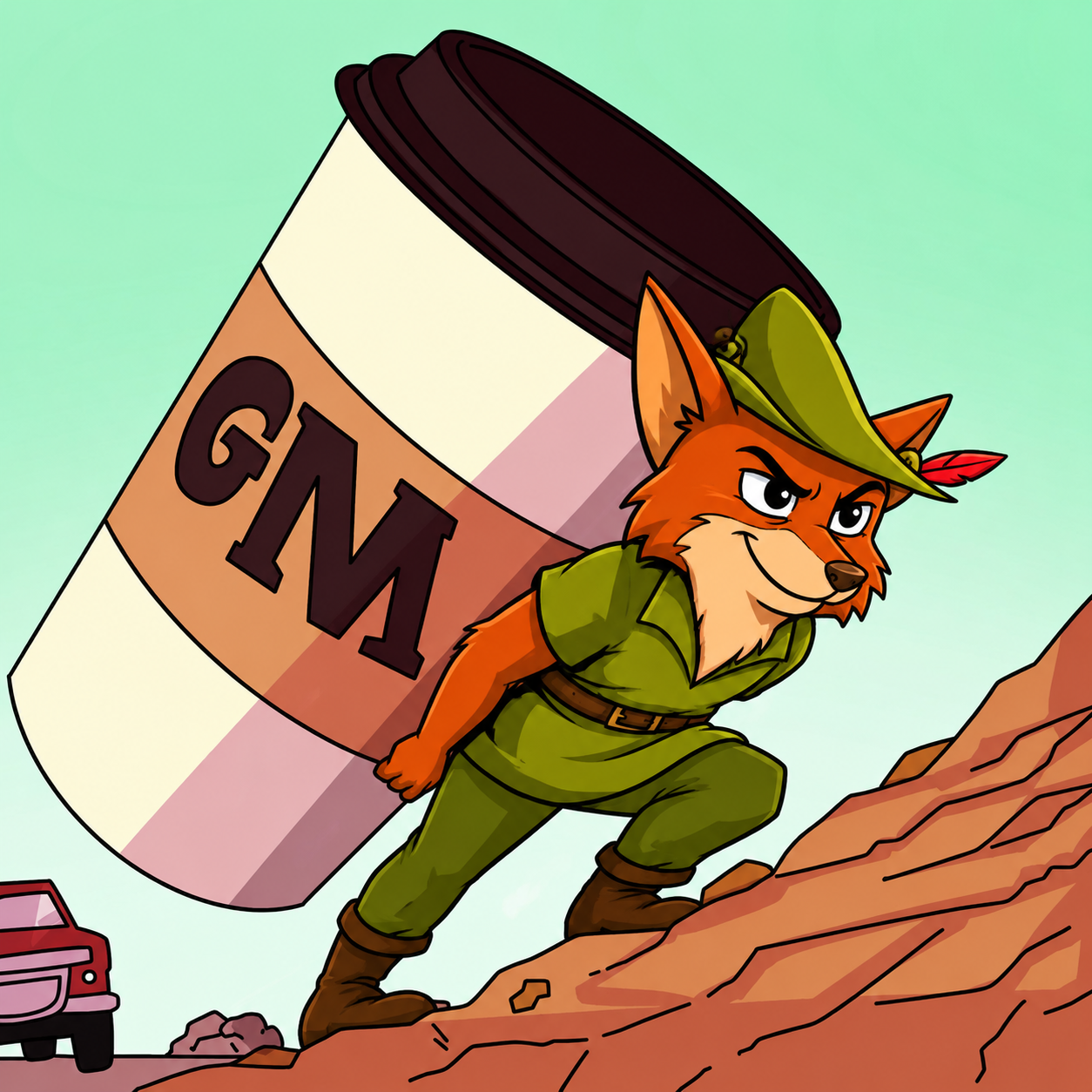 Robin Hood fox riding a rocket to the moon
