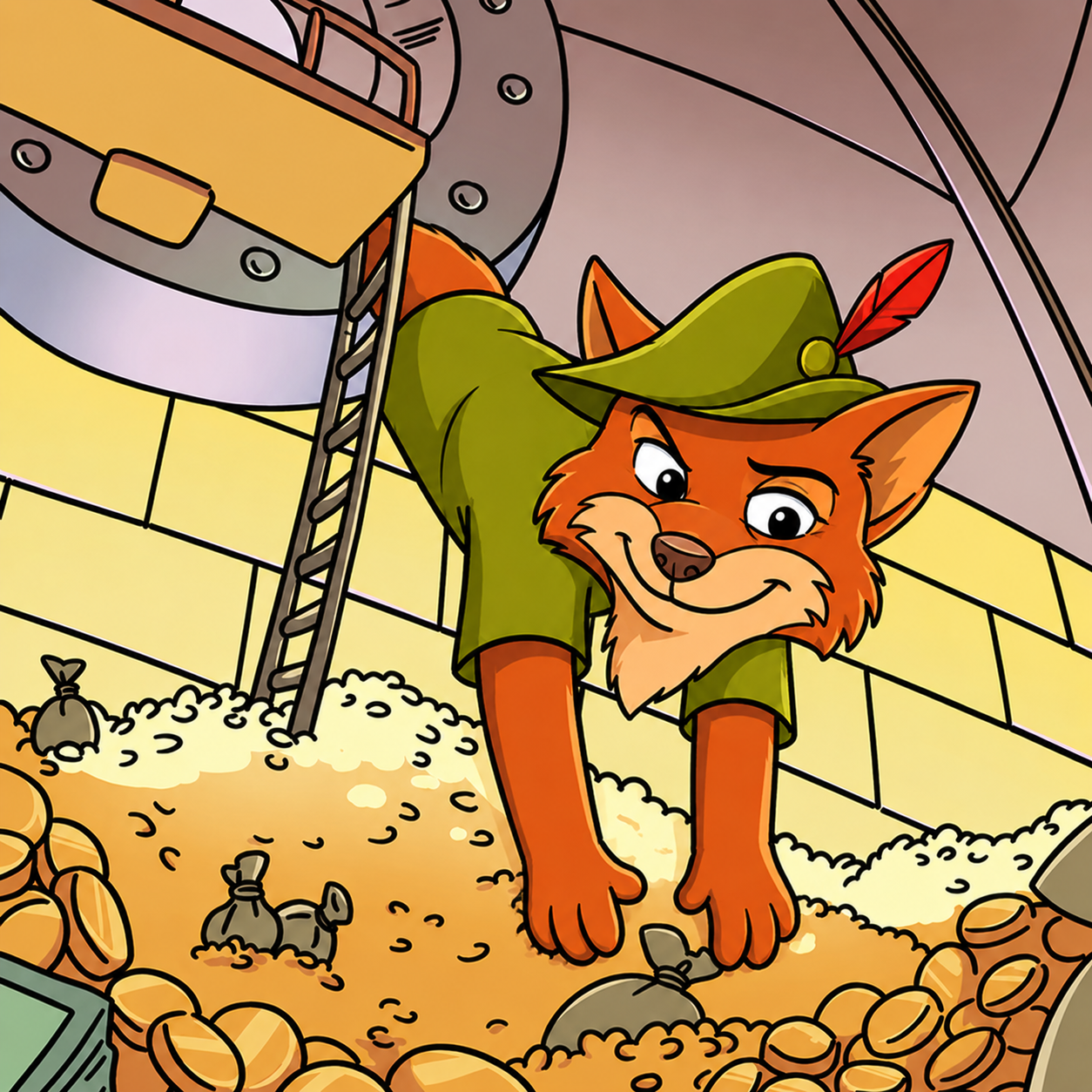 Robin Hood fox climbing a giant green candle